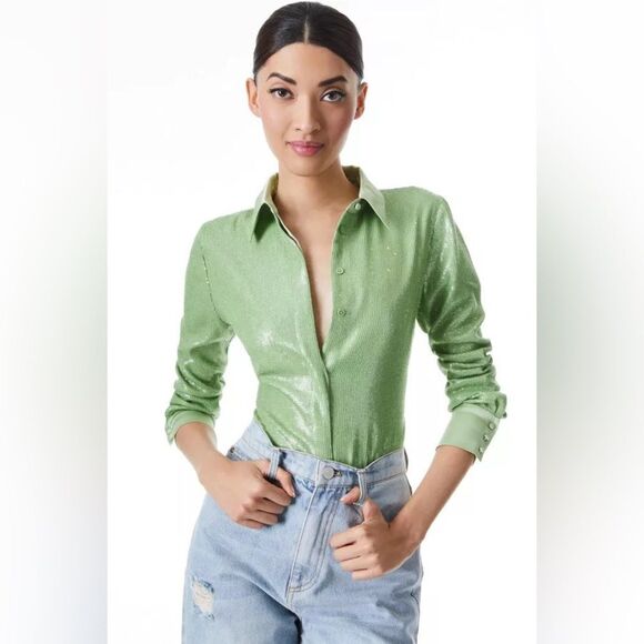 Alice + Olivia Willa Sequin Green Shirt Button Up Dress Shirt Size S - Picture 3 of 11
